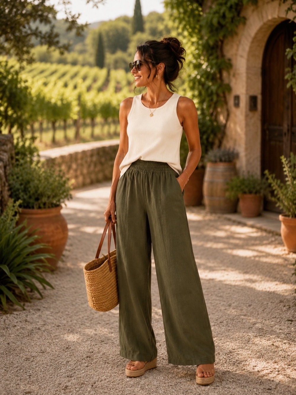 NWT Old Navy High-Waist Linen Blend Wide Leg Pants Olive Size SP Coastal Chic